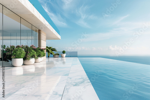 A modern luxury villa boasts a sleek design with a glistening infinity pool overlooking a serene ocean