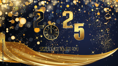 karta lub baner z życzeniami szczęśliwego Nowego Roku 2025 w złocie na niebieskim tle z brokatem i kółkami z efektem bokeh, cyfra 0 zostaje zastąpiona zegarem, a pod złotą zasłoną