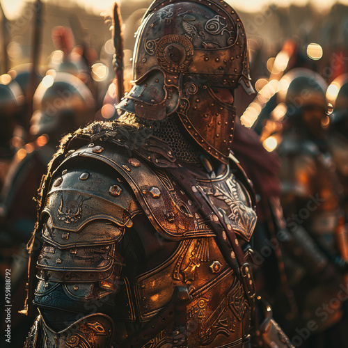 Ancient Warriors, Leather Armor, Majestic warriors from centuries past standing proudly in a battleground The weather is clear, with the sunlight highlighting the intricate details