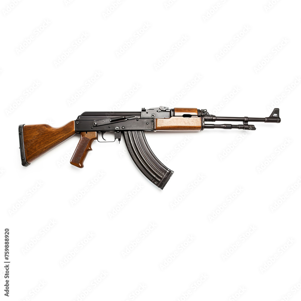 A rifle with a wooden stock and a curved magazine, isolated on a white background A rifle with a wooden stock and a curved magazine, isolated on a white background