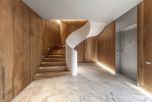 Design of stairs in a rich country house. Wooden staircase and marble floor. High quality photo