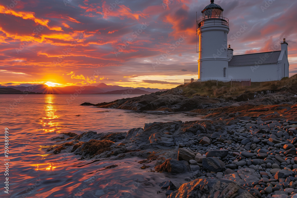 Sunset Serenity at the Seashore: A Lighthouse Overlooking Calm Waters with Radiant Skies Ablaze in Vivid Hues