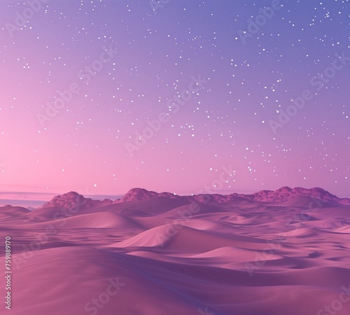 A vast desert landscape drenched in the warm hues of twilight, with sand dunes stretching to the horizon under a star-studded sky photo