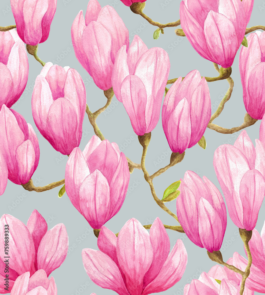 Seamless pattern of watercolor magnolias