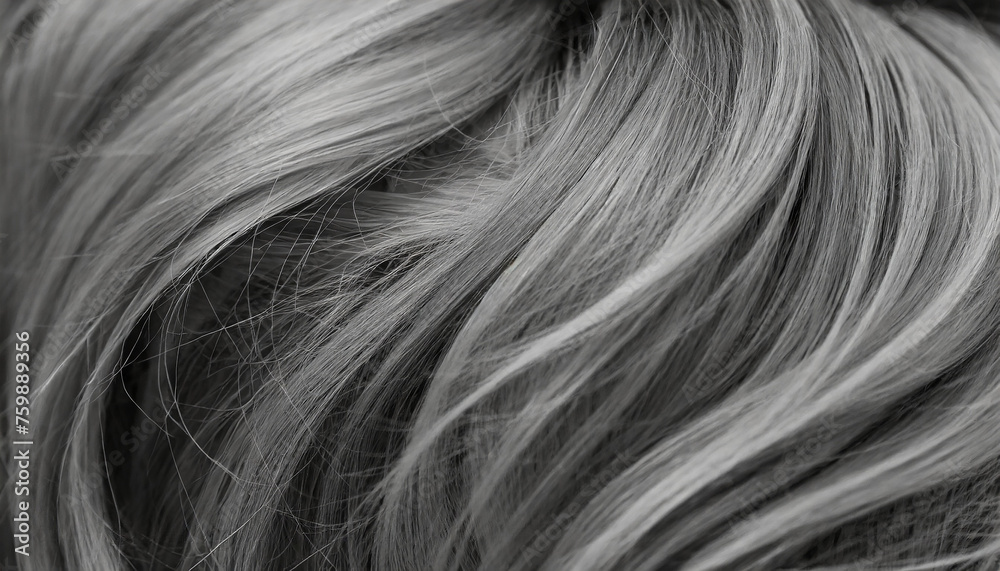 Naklejka premium Closeup view of a bunch of shiny straight grey hair in a wavy curved style. Hair care concept