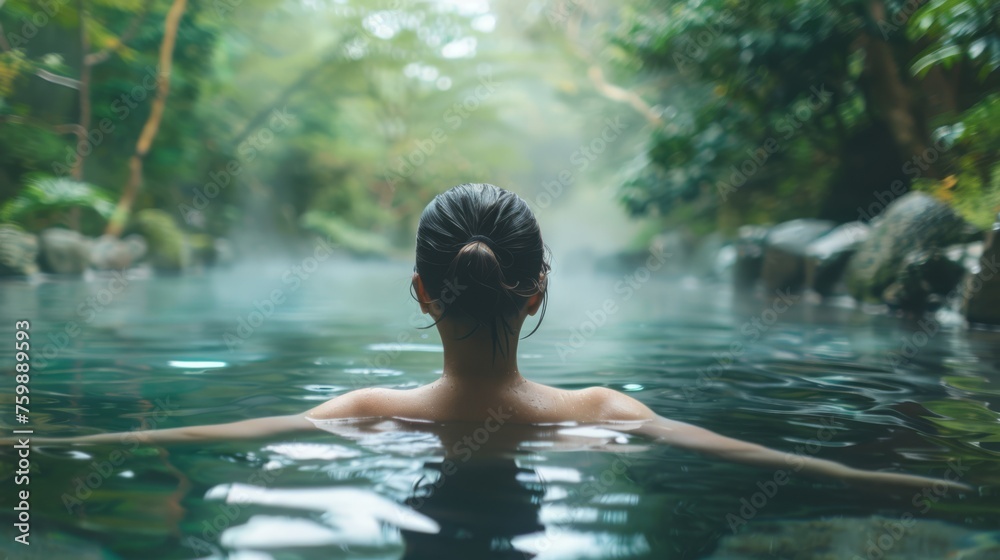 Woman enjoying a Japanese onsen with a tranquil traditional backdrop, great for health and wellness themes. Woman enjoying a Japanese onsen with a tranquil traditional backdrop, great for health and wellness themes.