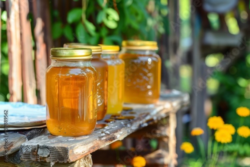 Two jars of honey with rustic covers on a wooden stump in a garden, symbolizing organic and natural food themes.