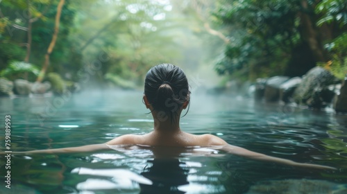 Woman enjoying a Japanese onsen with a tranquil traditional backdrop  great for health and wellness themes.