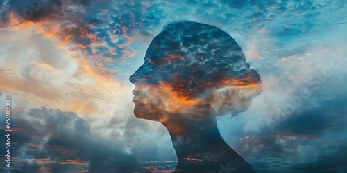 Inner Peace Concept Represented by Tranquil Landscape Within Silhouette of Human Head. Concept Inner Peace Concept, Tranquil Landscape, Silhouette of Human Head, Mental Wellness #759890113