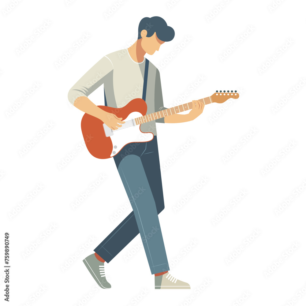 The male musician is playing an electric guitar on stage, Guitar solo techniques,Vector illustration For posters, festivals,contests,music event or guitar playing