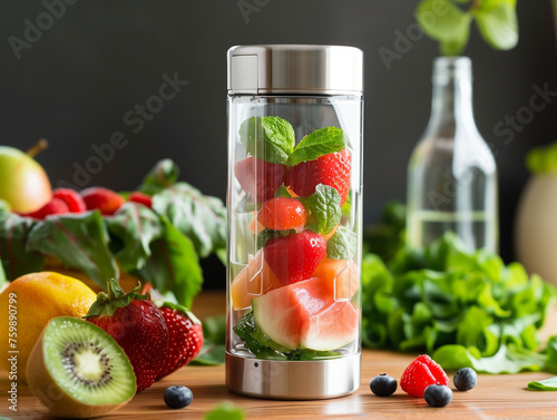 Portable Blender fresh fruit salad with kiwi and strawberry