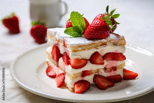 Piece of layered strawberry and cream biscuits shortcake