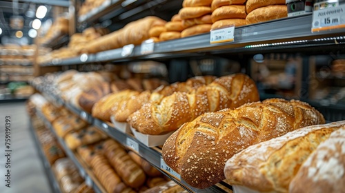 Warm loaves of sourdough and baguettes on shining shelves, inviting in a spacious hypermarket