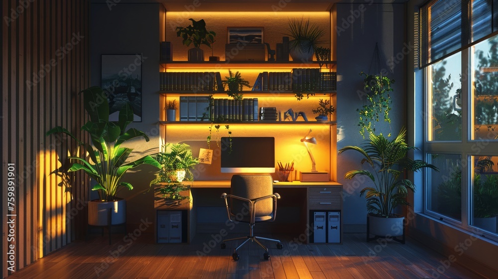 Modern home office with sleek design and environmentally conscious lighting - obrazy, fototapety, plakaty 