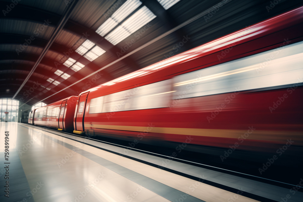 Blurry red train driving through train station Blurry red train driving through train station