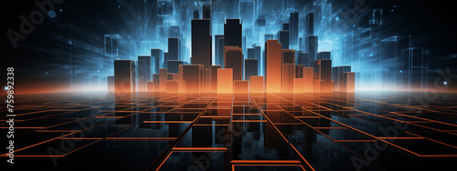 Digital Cityscape with Glowing Grid Lines