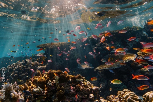Underwater scene teeming with colorful fish and vibrant coral reef in the tropical waters of the Red Sea © Moon Story