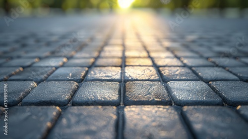 Close-up view of uniform grey paving stones with textured surface