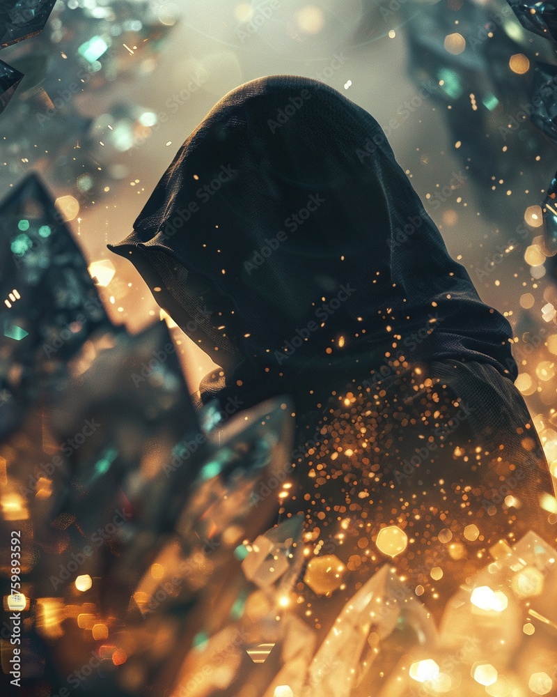 Shadow Alchemist, mysterious figure in a hood, studying the secrets of dark matter alchemy, surrounded by glowing crystals, fantasy illustration, silhouette lighting, lens flare - obrazy, fototapety, plakaty 