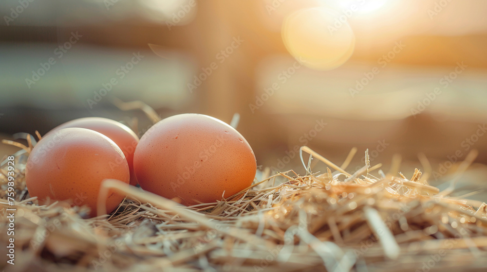 Fresh chicken eggs in the hay on a farm. Selective focus Fresh chicken eggs in the hay on a farm. Selective focus