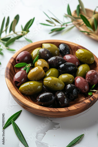 olives on a wooden plate on a white background, Generative AI,
