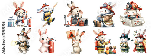 Watercolor cute firefighter cartoon on white background.Isolated image. © mangolovemom