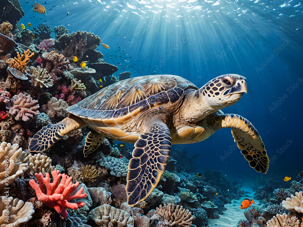 Fototapeta premium Hawaiian Green Sea Turtle on a tropical coral reef in Hawaii