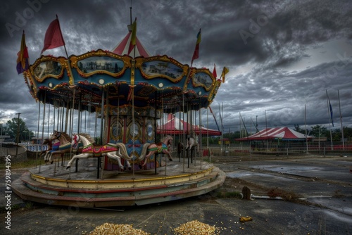 Abandoned carousel at a carnival.