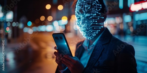 Person using smartphone with digital face recognition technology interface
