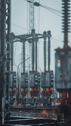 Transformer Station, large electrical transformers, surrounded by humming machinery, realistic image, Overcast, Depth of Field Bokeh effect