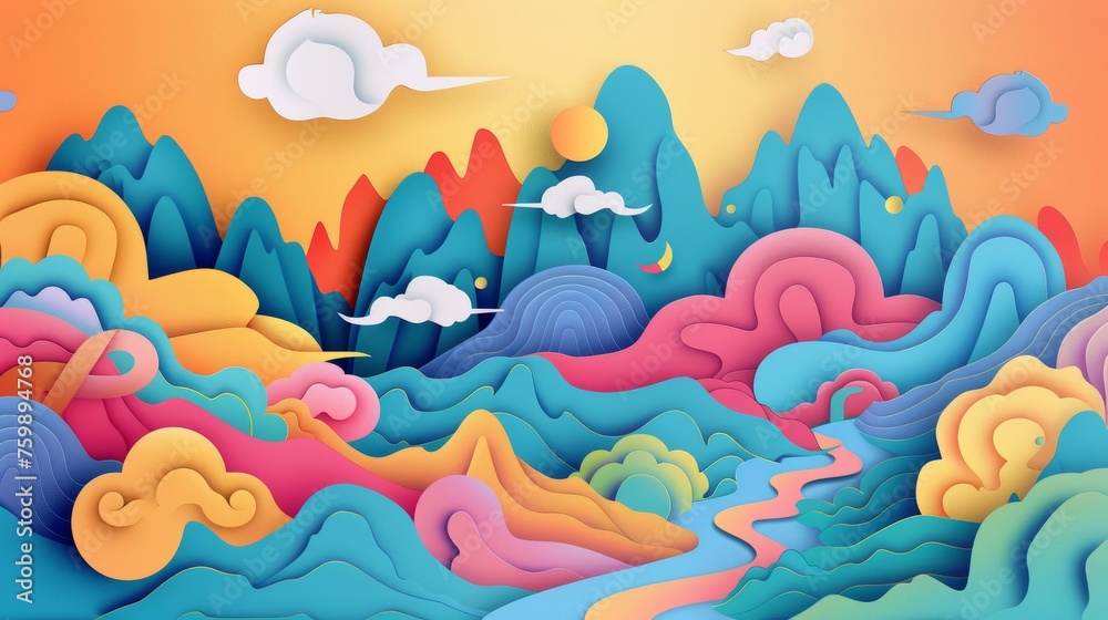 Abstract Landscape with River and Mountains at Sunset Abstract Landscape with River and Mountains at Sunset