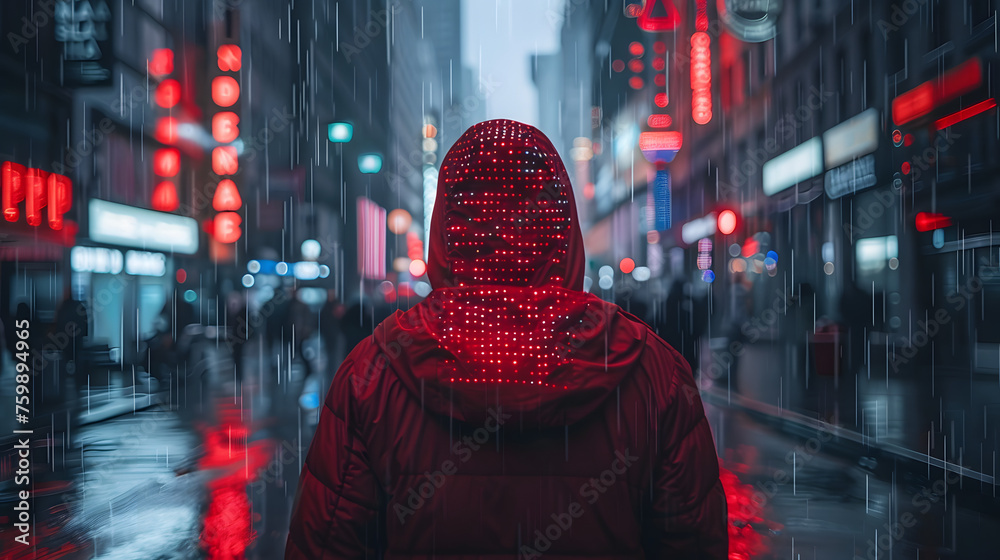 A person stands with their back turned, wearing a glowing LED mask, amidst a rain-drenched urban street flanked by neon signs. A person stands with their back turned, wearing a glowing LED mask, amidst a rain-drenched urban street flanked by neon signs.