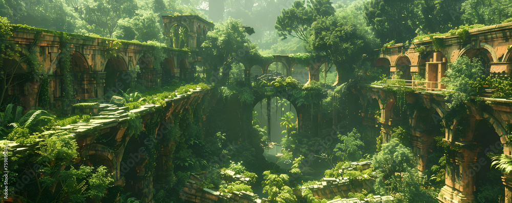 Ancient architectural ruins overtaken by dense jungle, bathed in sunlight, evoke a sense of lost civilization and nature's reclaim. - obrazy, fototapety, plakaty 