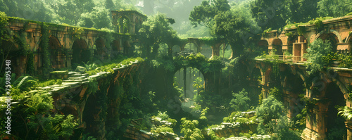 Ancient architectural ruins overtaken by dense jungle, bathed in sunlight, evoke a sense of lost civilization and nature's reclaim.
