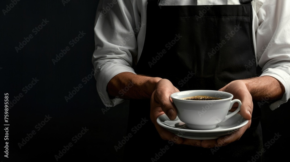 Waiter in black apron stretches a cup of coffee Waiter in black apron stretches a cup of coffee