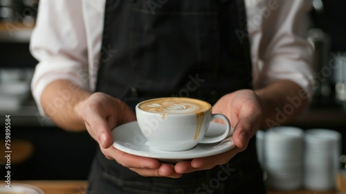 Waiter in black apron stretches a cup of coffee 