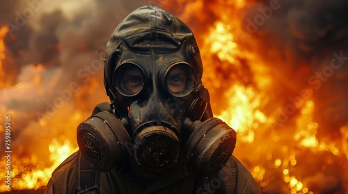 Man in Gas Mask Standing in Front of Fire