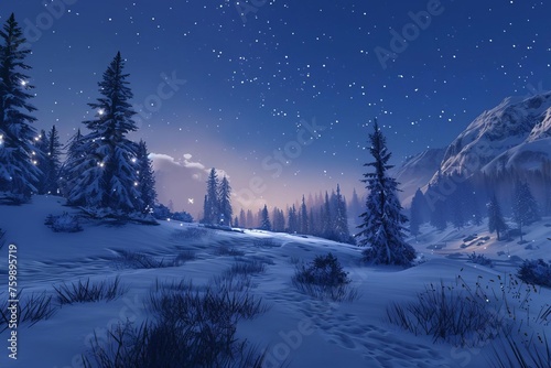 Enchanted winter realm A serene snow-covered landscape under a starry night sky