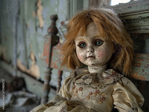 Sinister doll in a dilapidated nursery, moonlight streaming in, medium shot, tattered lace, ghostly aura