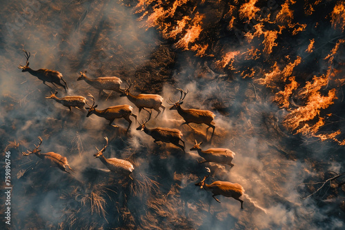 Aerial view of herd of deer are running through a forest fire. The deer are running in different directions, trying to escape the flames. Effects from forest fires, Animals have no place to live.