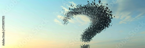 3D animation Flock of realistic birds flying in the intricate shape of a giant question mark.