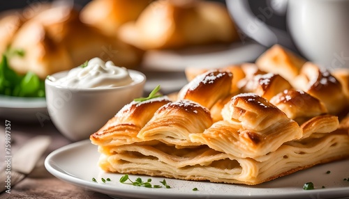 Baked puff pastry on white plate 