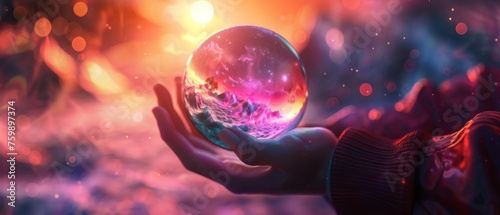 3D render A person holding a glowing orb that projects a vibrant dreamscape around them.