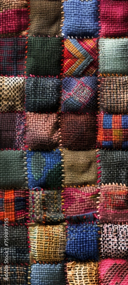 A 3D close-up of a patchwork quilt texture, showcasing the variety of colors and stitches for a homely backdrop