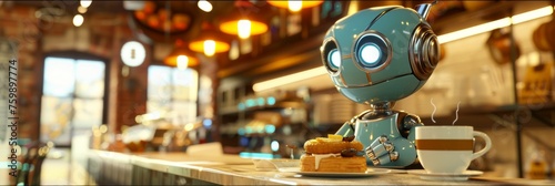 A 3D cute robot as a barista, with big expressive eyes, serving coffee and pastries with a cheerful beep and whir photo
