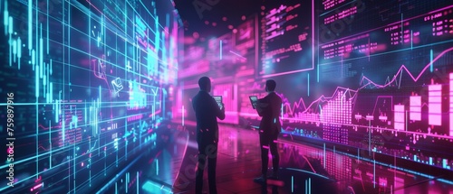 A 3D depiction of a futuristic neon investment firm, with analysts examining glowing charts and digital financial models © Shutter2U
