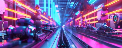 A 3D depiction of a neon-infused manufacturing plant, with robots assembling products under vibrant, glowing lights