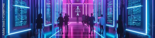 A 3D depiction of a neon-lit legal firm, with lawyers accessing cases through glowing, digital archives photo
