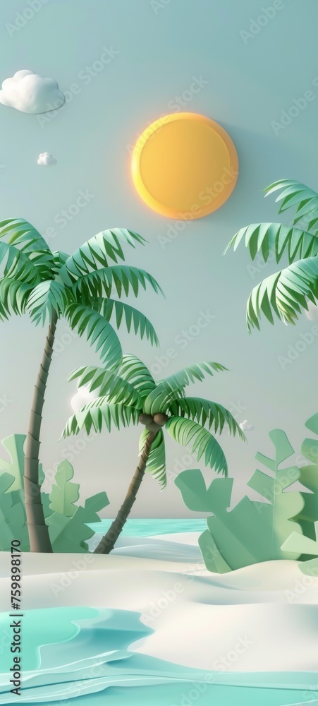 A 3D digital beach scene with cartoon palm trees and sun, offering a tropical and cute background with copy space