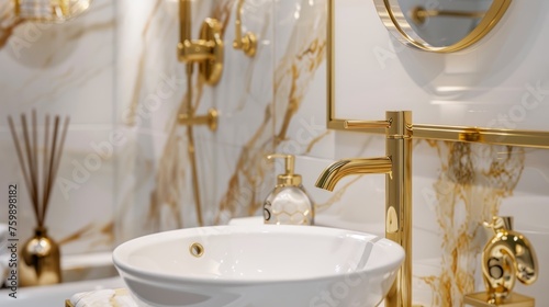 Gold wall mounted kitchen sink faucet with long spout and round hand held button on the side. luxury villa bathroom Bathroom vanity with faucet and beautiful bathroom mirror. Luxurious marble walls an